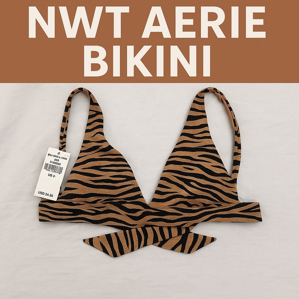 Aerie Triangle Bikini Top Tiger Print Brown Black – Size Small – NWT